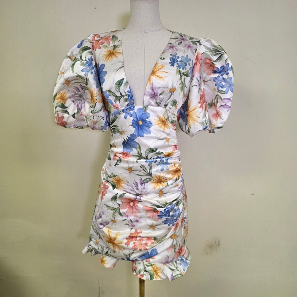 Iorane Floral Ruched Puff Sleeve Mini Dress‎ White Multicolor Womens S Excellent